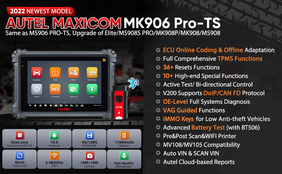 Autel MaxiCOM MK906 Pro-TS Scanner: 2023 Combo. of MaxiSYS MS906 Pro-TS MS906TS with CAN FD DoIP, ECU Coding, Full TPMS, Bidirectional Control, 36  Se - 1